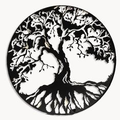 a black and white silhouette of a tree with roots in a circle on a white background