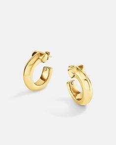 A Chunky style hoop earring using the post-butterfly closure system. Even though the earrings are chunky with lots of volume but weights are controlled to optimize comfortability by utilizing our exclusive Italian electroforming production technology. The earrings are produced in 18k yellow gold or white gold plated over genuine sterling silver metal. Our hand polished finishing assures every piece of our jewelry have a luxurious finish. Bamboo Hoop Earrings, Chunky Hoop Earrings, Earring Sale, Jewelry Earrings Hoops, Shop Earrings, Post Earrings, Jewelry Pieces, Metallic Silver, Gold Earrings