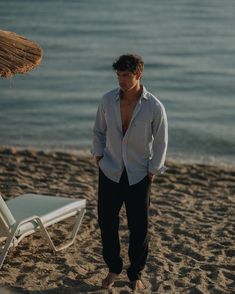 Konstantin Krayer | Golden view and ready for the evening in my @olympmen shirt 🌅 #SunsetStyle #EveningElegance #GoldenHour #MenInOlymp #mensfashion #ocean… | Instagram Men's Beach Outfits, Men’s Beach Photoshoot, Sea Beach Photography Men, Mens Beach Outfits, Male Model Beach Photoshoot, Golden Hour At The Beach, Ocean Golden Hour, Men Beach, Golden Hour