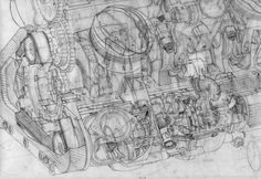 a drawing of an engine with gears on it