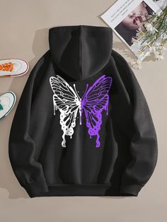 Black Casual Collar Long Sleeve Fabric Butterfly Pullovers Embellished Slight Stretch  Women Clothing Fabric Butterfly, Women Sweatshirts, Lined Hoodie, Cool Hoodies, Really Cute Outfits, Butterfly Print, Hoodie Design, Black Casual