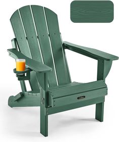 a green adiron chair with an orange drink