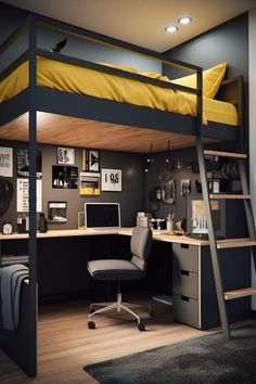 a loft bed with desk underneath it