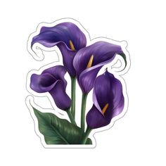 three purple flowers with green leaves sticker