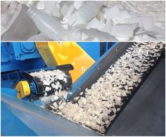 two pictures one showing plastic bottles and the other shows white shredded paper on a conveyor belt