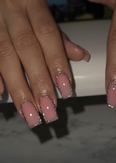 Pink French With Rhinestones, Natural Pink Nails With Rhinestones, Pink French Rhinestone Nails, Nude Pink Nails With Rhinestones, Pink French Tip Nails Diamonds, Scary Nails, Natural Acrylic Nails, Glamour Nails, Fancy Nails Designs