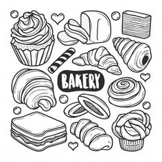 hand drawn bakery icon set with bread, pastry and pastries in black and white