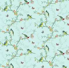 a blue wallpaper with birds and flowers on the branches in front of a light green background