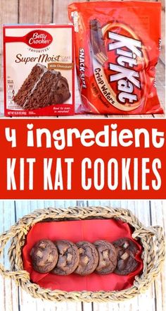 the ingredients for an easy kitkat cookies are in a basket and next to it is a bag of krispy kreme chocolate chips