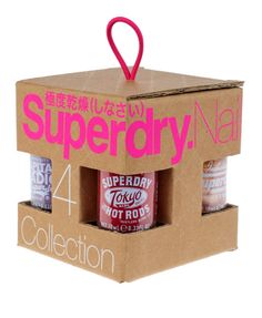 an open cardboard box with four different types of food in it and the words superdry nab written on top