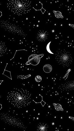 the stars and planets are drawn in black ink