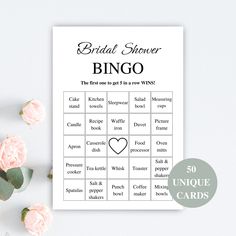 the bridal shower game is shown next to pink roses and greenery on a white background