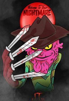 a cartoon character wearing a hat and holding two knives in front of his face with the words welcome to your nightmares on it