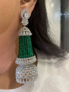 Gorgeous and stunning Lab Diamond Chaandbali Jhumkas with Lab Emerald/Ruby Stinging Length: 3 inches aprox Light weight . AAA Quality Cz stones used Earrings Have Push backs . Customized orders takes 3 to 4 weeks, depending on piece requirements. The Ombre Designs Jewelry pieces can be customized in accordance with your requirement. Please Email or Whats app on : +91 8448833193 / sonalikamehra@theombredesigns.com Womens Diamond Necklace, Long Diamond Earrings, Diamond Jhumkas, Bridal Jewellery Design, Diamond Necklace Designs, Fancy Jewellery Designs, Pakistani Jewelry, Diamond Jewelry Designs, Indian Earrings