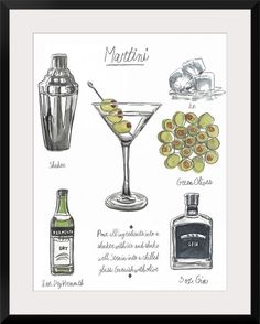 an illustration of martinis and olives with the names in english, french, and italian