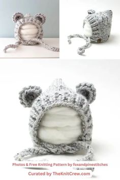 the crocheted hat is made to look like a bear's head