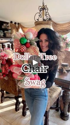 a woman standing in front of a christmas tree with the words dol and the chair swag