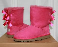 Hot Pink Ugg Boots, Hot Pink Uggs, Pink Suede Boots, Pink Ugg Boots, Ugg Kids, Pink Uggs, Bailey Bow Uggs, Bow Boots, Bailey Bow