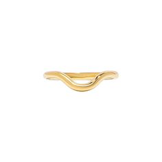 a yellow gold ring with wavy lines on the outside, and a curved band at the top