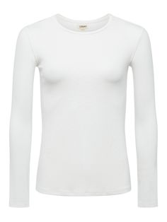 Modern and elegant slim-fit top in white. Ultra-soft microfiber jersey has a luxuriously silky hand and clings lightly to the figure. Look includes crew neck and sleek long sleeves. Beautiful wardrobe stable that works on its own or as a base layering piece. White Fitted Long Sleeve Crew Neck Top, Elegant Second-skin Long Sleeve Tops, Classic White Fitted Long Sleeve Top, Elegant Fitted Crew Neck Long Sleeve Top, Elegant Fitted Long Sleeve Crew Neck Top, Elegant Fitted Long Sleeve Top With Crew Neck, Elegant White Fitted T-shirt, Classic Stretch Long Sleeve Top With Crew Neck, Great Neck New York