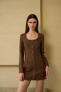 Square neck and long sleeves Faux buttons at front Check pattern Hidden zip closure at back Metallic finish Mini length Regular fit Crafted from luxurious tweed, this dress is a vintage-inspired masterpiece. The metallic finish adds a shimmering touch to the brown check pattern, making it a perfect choice for various occasions. Featuring a square neck and a mini length, this dress effortlessly exudes sophistication and style. Faux buttons on the front and a hidden zip closure at the back ensure Tweed Dress Outfit Classy, Tweed Dress Outfit, Tweed Outfit, Brown Mini Dress, Mod Vintage, Personal Style Inspiration, Denim Dresses, Pretty Clothes, Tea Length Dresses