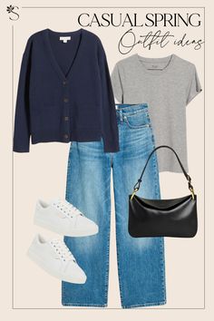 Spring Outfit Ideas - Blue Cardigan + Grey Tee Navy Blue Cardigan Outfit, Navy Blue Coat Outfit, Blue Tee Outfit, Navy Cardigan Outfit, Brown Cardigan Outfit, Blue Coat Outfit, Blue Cardigan Outfit, Cardigan Outfit Spring, Outfits With Grey Cardigan