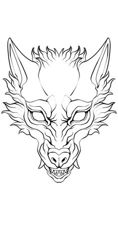 a black and white drawing of a wolf's head with flames on its face