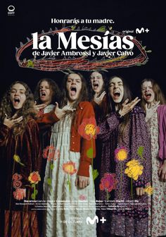 the poster for la mesiaas, which features women in colorful dresses and flowers