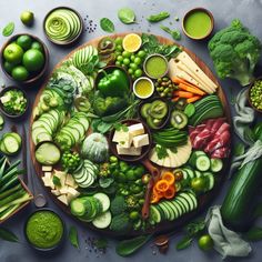 a platter filled with lots of different types of vegetables and fruits on top of each other