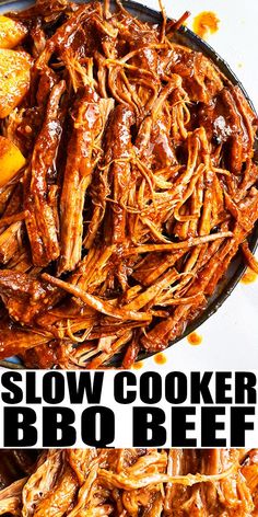 the slow cooker bbq beef is ready to be eaten