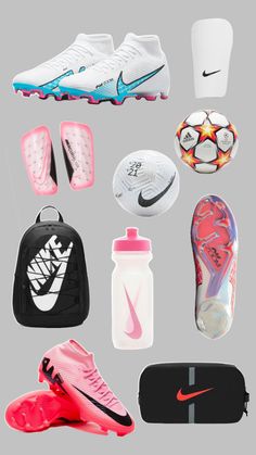 various sports items are arranged in a gridlocked pattern on a gray background, including shoes and water bottles