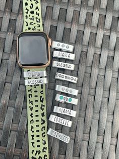 These are charms for your apple watch bands. They are made out of aluminum so will not tarnish or turn your skin green. You just slide the charm on a pinch it tight in the band. These are customizable. Only up to 8 spaces. I do have different fonts which will be chosen randomly depending on what is ordered to make the best fit. Adjustable Silver Apple Watch Band For Everyday Use, Adjustable Silver Watch Accessories For Everyday, Trendy Silver Watch Bands For Everyday, Adjustable Silver Apple Watch Band, Customizable Green Watch Bands For Gift, Customizable Silver Watch Bands For Gift, Silver Adjustable Watch Bands For Everyday Use, Personalized Silver Stainless Steel Watch Accessories, Custom Silver Stainless Steel Watch Accessories