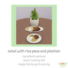 a table with two plates of food and a potted plant