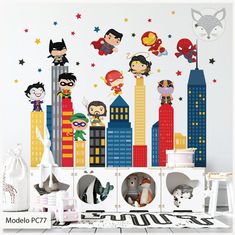 children's wall stickers with superheros and stars in the cityscape