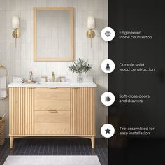 a bathroom with white tile and wood accents, including the vanity mirror over the sink