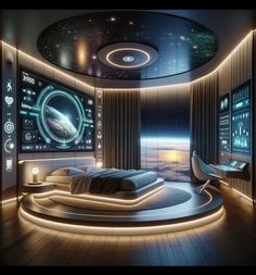 a futuristic bedroom with a large bed in the center and an image on the wall