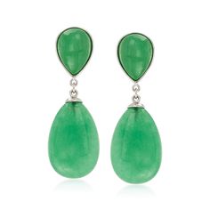 Ross-Simons - Jade Pear-Shaped Drop Earrings in Sterling Silver. Vibrant, yet earthy, these pear-shaped drop earrings feature 14x10mm and 23x15mm jade cabochons in sterling silver. Hanging length is 1 5/8". Post/clutch, jade drop earrings. Classic Green Pear Shaped Earrings, Classic Green Pear-shaped Earrings, Green Pear-shaped Teardrop Earrings, Green Pear-shaped Teardrop Earrings For Formal Occasions, Coral Drop Earrings, Sky Blue Topaz Ring, Sapphire Necklace Pendants, Seashell Pendants, Fine Jewelery