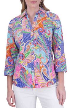 A vibrant paisley print lends styling versatility to this button-up shirt framed by three-quarter sleeves. 26" length (size 6) Front button closure Spread collar Three-quarter sleeves with button cuffs 100% cotton Machine wash, line dry Imported Patterned Blouse With 3/4 Sleeves, Paisley Print 3/4 Sleeve Summer Top, Summer Tops With Paisley Print And 3/4 Sleeves, Summer Paisley Print Top With 3/4 Sleeves, Paisley Print Summer Top With 3/4 Sleeves, Balenciaga Pants, Pants Denim, Blue Paisley, Denim Pant