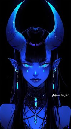 a woman with horns on her head and blue lights around her neck, in front of a black background