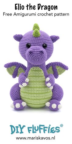 a crocheted dragon stuffed animal sitting on top of a white background with the words free amigurmi crochet pattern