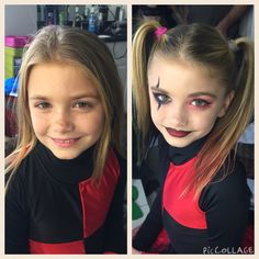 Kid Harley Quinn Makeup, Dead Cheerleader Makeup Kid, Toddler Vampire Makeup, Kids Harley Quinn Makeup, Harley Quinn Makeup Kids, Kids Halloween Makeup Girls Cute, Halloween Kids Makeup, Horror Smink