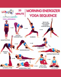 a woman doing yoga poses with the words 20 minute morning energizer yoga sequence