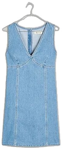 Casual Denim V-neck Mini Dress, Chic V-neck Denim Dress, V-neck Denim Dresses For Work, Chic Denim V-neck Mini Dress, Chic Medium Wash V-neck Mini Dress, Chic Denim Mini Dress With V-neck, Chic Medium Wash Mini Dress With V-neck, Casual V-neck Denim Dress, Relaxed Fit Denim V-neck Dress For Spring