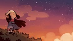 a cartoon girl standing on top of a hill under a sky filled with stars and clouds