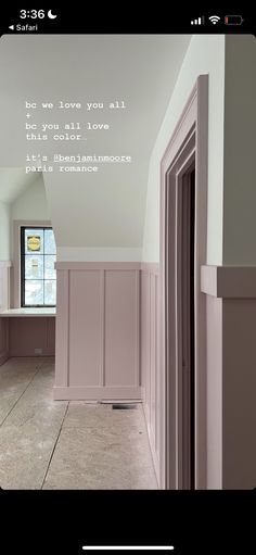 an empty room with pink cabinets and a quote written on the wall above it that says, be we love you all