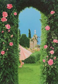 a painting of a woman in a pink dress walking through an archway with roses on it