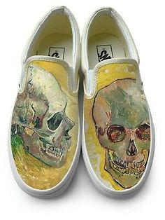 Casual Custom Artwork Slip-on Sneakers, Artistic White Custom Slip-on Sneakers, Artistic White Slip-on Custom Sneakers, Diy Vans, Skeleton Flowers, Tennis Vans, Vans Slip On Shoes, Painted Vans, Sell Shoes