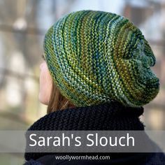 a woman wearing a knitted hat with the words sarah's slouch on it