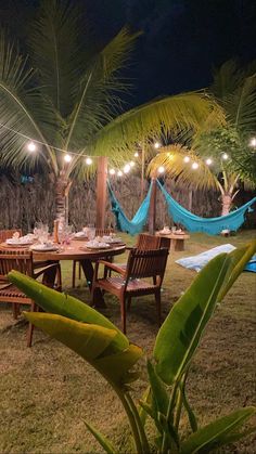 an outdoor dining area with hammock chairs and tables set up for dinner under palm trees