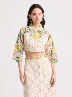 Ivory Floral Checkered Cutwork Crop Shirt by Chandrima available on Indiaspopup.com Schiffli Borders, 3d Applique, Applique Top, International Style, Mode Inspo, Co Ord Set, Shades Of Yellow, Cut Work, Crop Shirt